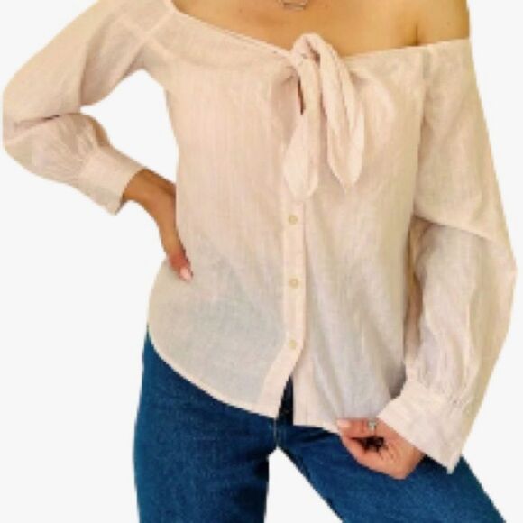 FREE PEOPLE Linen Blend Hello There Off The Shoulder  Pink White Mini Stripes XS - Picture 2 of 12